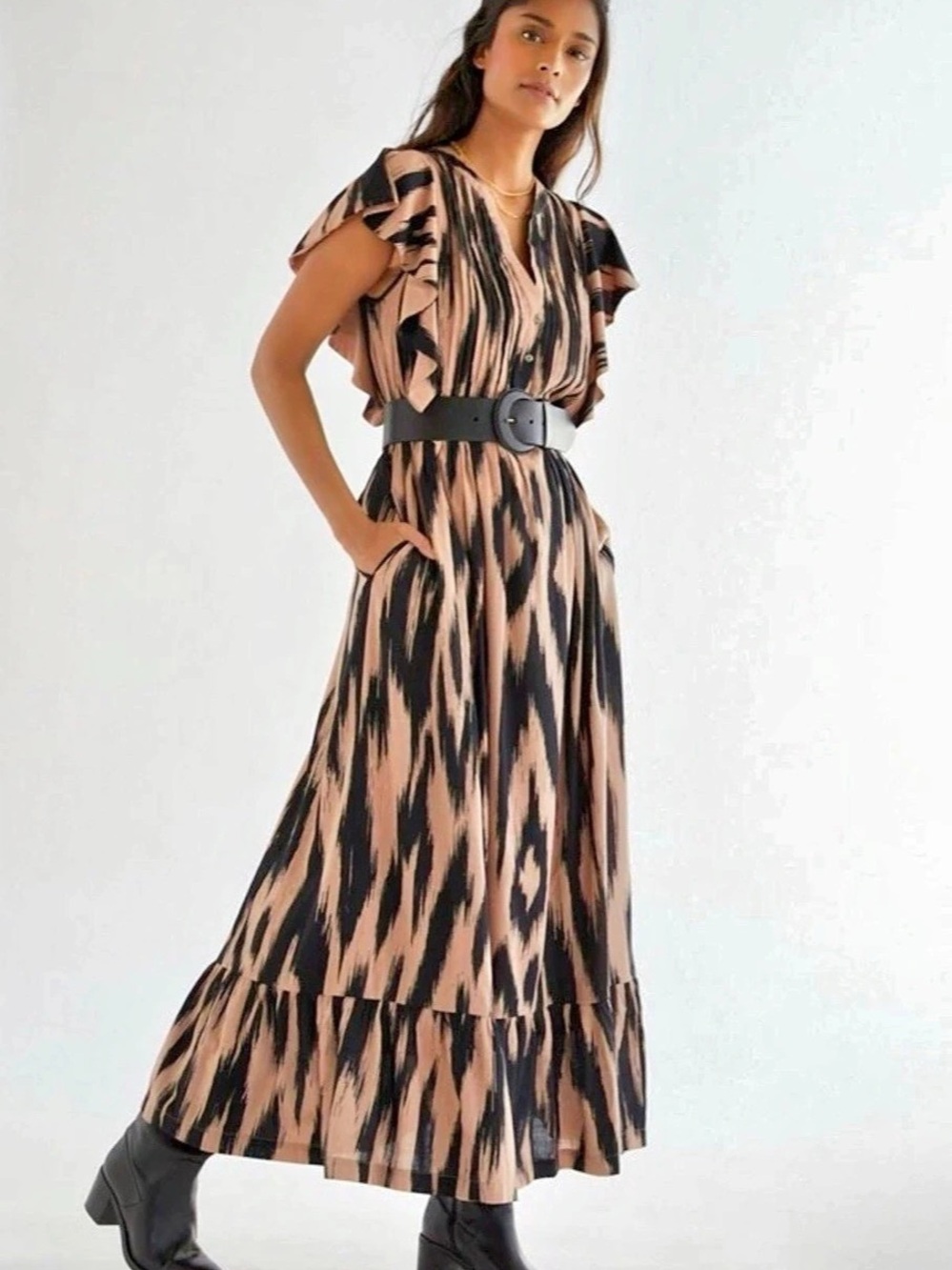 Anthropologie Maeve Cassandra Maxi Dress Tan Black Ikat Flutter Sleeve